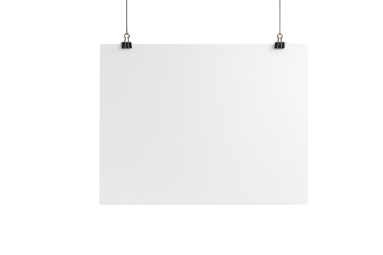 Empty white paper sheet suspended by binder clips and wires, minimal style on white background, concept of clean presentation or design element, Ai generative