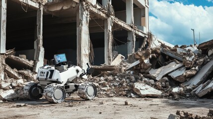 Autonomous robot surveying a disaster site for damage assessment, high-tech robot scanning a collapsed building to detect structural weaknesses and hazards, High-tech style