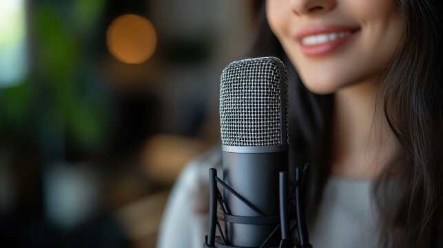 Close-up of a businesswoman adjusting her microphone as she prepares for a podcast interview.