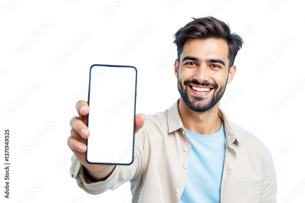 Poster Happy man showing smartphone with blank screen, isolated realistic style on white background, concept of tech promotion or app display. Ai generative