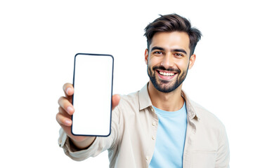 Happy man showing smartphone with blank screen, isolated realistic style on white background, concept of tech promotion or app display. Ai generative