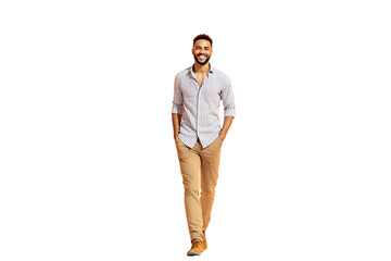 Confident man walking with hands in pockets, casual style clothing, isolated on white background, concept of lifestyle and fashion. Ai generative