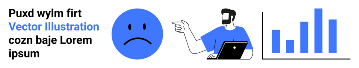 Fototapeta premium Man with beard using a laptop, pointing at a sad face icon and bar graph. Ideal for analytics, feedback, performance, dissatisfaction metrics, data analysis, education, flat landing page banner