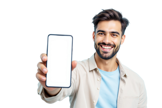 Happy man showing smartphone with blank screen, isolated realistic style on white background, concept of tech promotion or app display. Ai generative