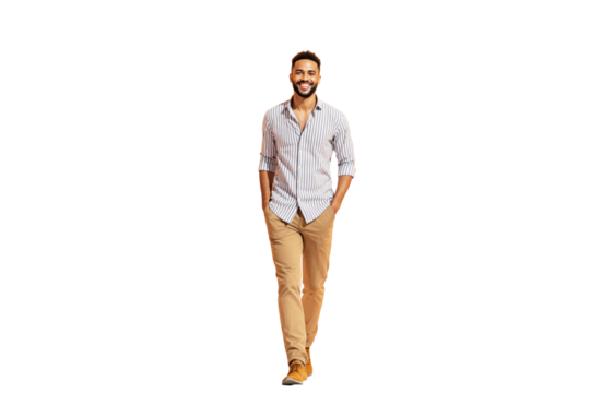 Confident man walking with hands in pockets, casual style clothing, isolated on white background, concept of lifestyle and fashion. Ai generative