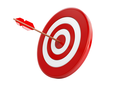 An arrow strikes the center of a red and white target symbolizing accuracy and achievement on png 