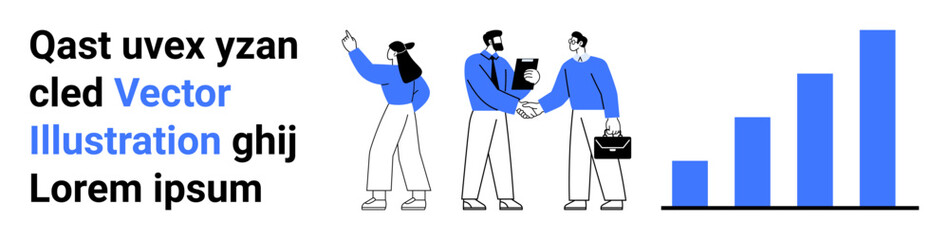 Business team collaborating, holding a briefcase, cat, and gesturing with bar graph growing. Ideal for teamwork, analytics, communication, growth, partnership productivity simple landing page