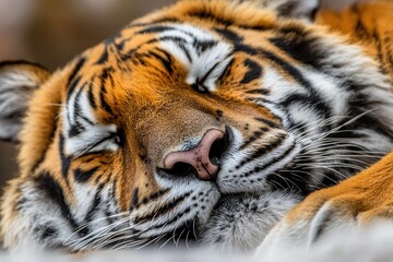 Fototapeta premium Calm tiger lying peacefully with focused eyes against a white background in close-up portrait.