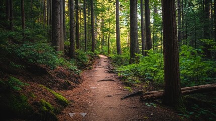 Obraz premium A mountain biking trail leading up to a scenic viewpoint over a dense forest.