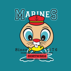 funny walrus cartoon with fish, Animal Nature, isolated Flat Vector Illustration