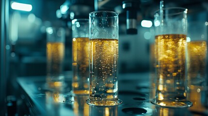 Chemicals Laboratory Environmental. Glass containers filled with fizzy drinks on a reflective surface.