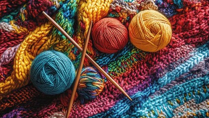 Colorful Yarn Balls and Knitting Needles: A Relaxing Craft Project with Vibrant Hues and Textures