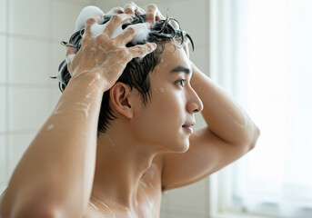 Naklejka premium 若い男性のヘアケア・シャンプー・美容・メンズビューティー ・洗髪