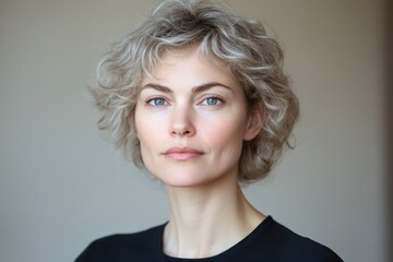Portrait of a woman with curly gray hair and blue eyes