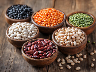 Fototapeta premium rustic ingredients for a bean dish, small bowls with different types of beans (black beans, white beans, red kidney beans, lentils) on a wooden table,