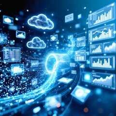 Fototapeta premium Data Transformation in Business ETL Process, Analytics, Cloud Computing, and Digital Data Flow for Modern Enterprises