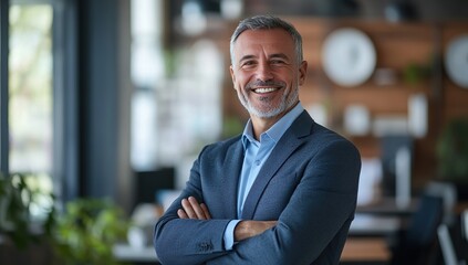 Confident Businessman Smiles, Achieving Success and Goals in Modern Office Setting