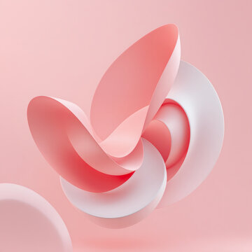 Modern 3D Abstract Shapes, Paradigm Shift Concept, Minimalist Transformation, Sleek Innovation, Pastel Red Background, Futuristic Design, Smooth Curves, Gradient Shadows, Creative Visualization