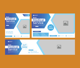 Medical banner cover social media and website design template. Horizontal header page. blue element colors. photo space, cover background for website, Social Media ads.