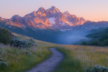 Path to the Summit: A winding trail leads towards a majestic mountain range, bathed in the soft glow of the rising or setting sun, inviting a sense of adventure and exploration.