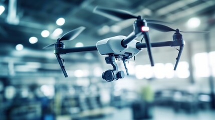 Robotic arm assembling advanced drones in a cutting edge factory, high-tech facility with robotic arms assembling drones, High-tech style