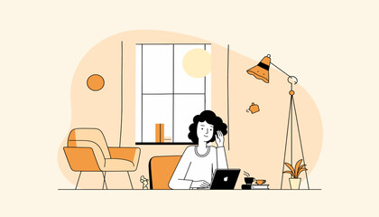 Introverted woman smiling while working at home, peaceful ambiance