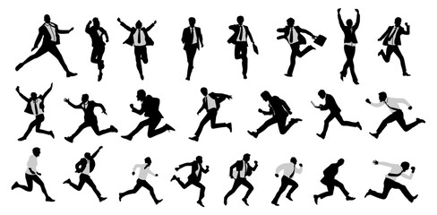 Silhouettes of different business people, men, women running in hurry to success. Monochrome vector illustrations isolated on transparent background