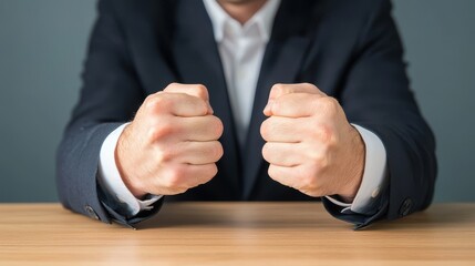 burnout job stress therapy concept. Clenched fists on a table, conveying tension or determination.