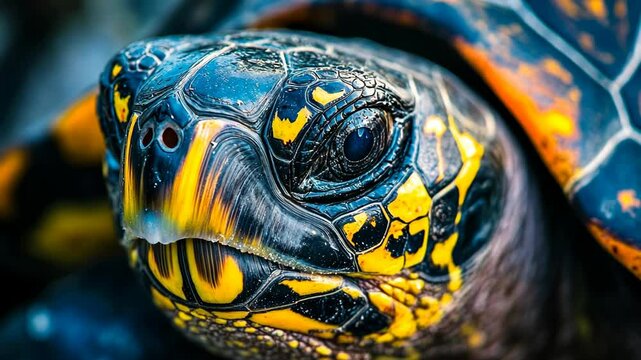 Close-up of a colorful tortoise showcasing intricate shell patterns and vibrant hues in a natural setting