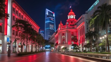Naklejka premium A historical building illuminated in red and white lights against a dark blue evening sky.