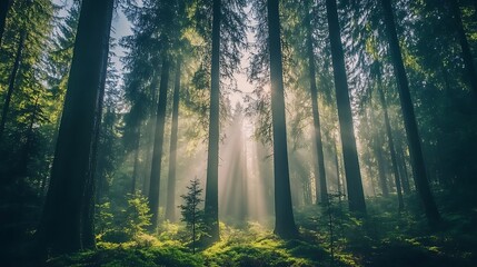 Fototapeta premium A serene forest with tall trees and sunlight filtering through 