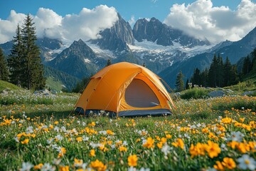Campsite Adventure: A vibrant orange tent nestled amidst a meadow of wildflowers, with majestic mountains and fluffy clouds create a perfect scene for camping enthusiasts and nature lovers.
