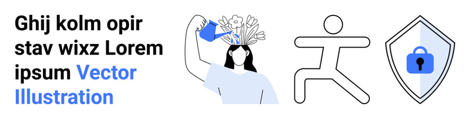 Woman with ideas pouring from her head, shield representing data security, running figure symbolizing action. Ideal for innovation, security, creativity, learning, health, growth flat landing page