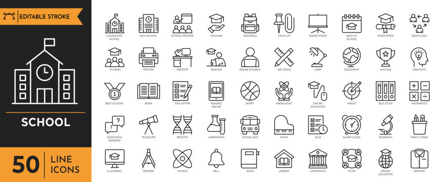 School icon set. Education and knowledge icons. Containing Learning, classroom, students, online education, and more. Vector illustration