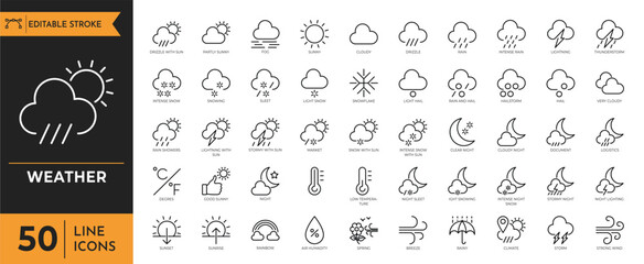 weather icon set. Containing temperature, sun, rain, snow, cloud, humidity, summer, winter, spring, cloudy and more. vector illustration. editable icon set