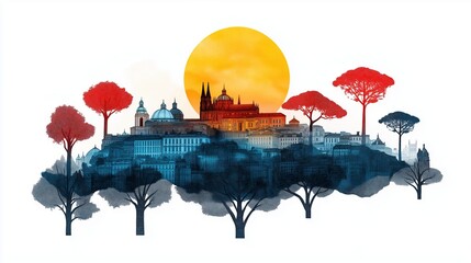 Travel, tourism vibrant cityscape illustration with sunset background  