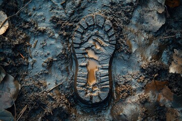 Boot print embedded in muddy ground surrounded by wet leaves, depicting a rugged and outdoor adventure setting.
