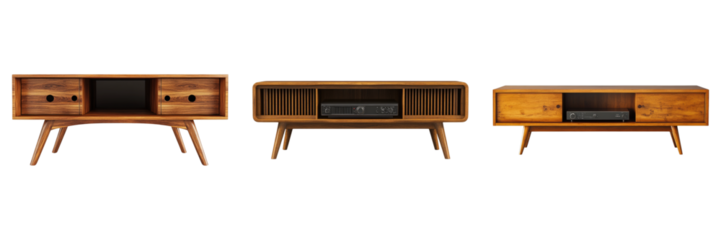 Midcentury modern wood tv stand isolated on transparent background. PNG , se of
