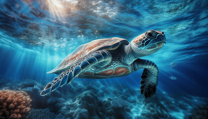 Fototapeta premium Une tortue qui nage dans l'océan.