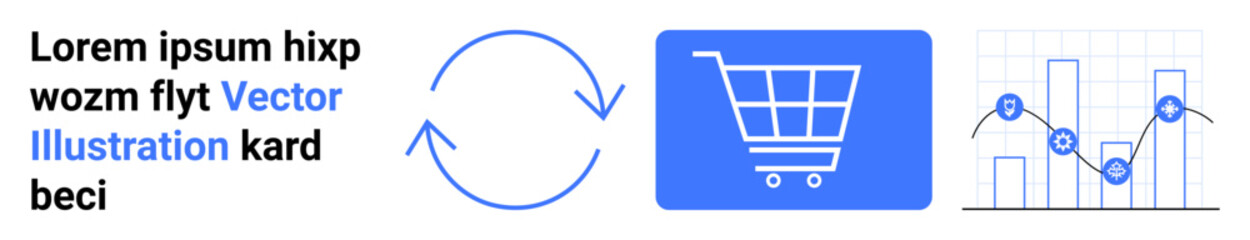 Circular arrows, shopping cart, and data chart with connected points. Ideal for online shopping, sales growth, data insights, business strategy, digital marketing, e-commerce simple landing page