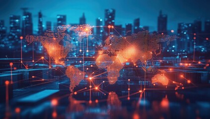Fototapeta premium Global Network: Interconnected World of Data and Technology Illuminates Cities Digitally