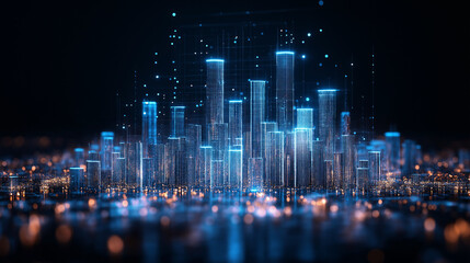 Obraz premium Digital Cityscape: Futuristic vision of a metropolis with glowing digital buildings, representing interconnected systems and technological advancements. Capturing a sense of innovation and the future.