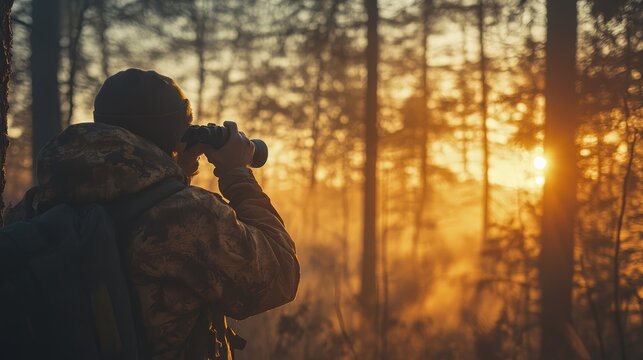 A hunter with binoculars in hand, scanning the misty forest floor from a tree stand as the sun begins to rise behind them.