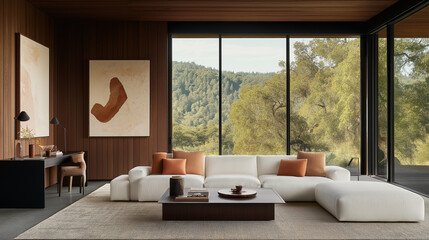 Fototapeta premium Modern Interior: A stylish and modern living room with a large window offering stunning views of a lush green landscape. The room is bathed in natural light, creating a warm and inviting atmosphere.