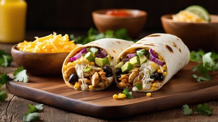 hearty chicken burrito placed on a rustic wooden surface. The burrito is generously filled with tender, seasoned grilled chicken, warm cilantro-lime rice, black beans, and melted cheddar cheese. 