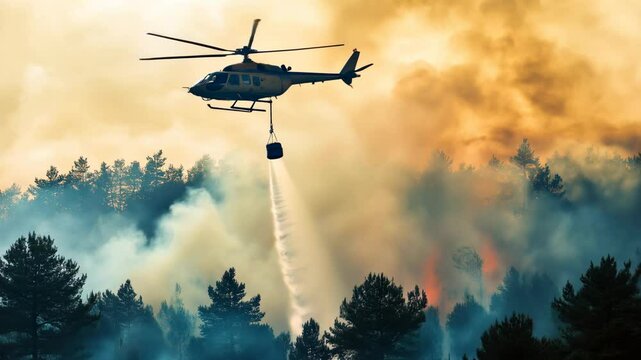 Helicopter equipped with water bucket works to suppress forest fire and protect wildlife habitat

