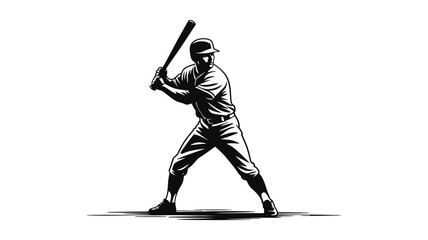 Dynamic Batter Silhouette: A monochrome depiction of a baseball batter in full swing, poised for action with bat ready to hit, capturing the power, focus, and agility of the sport.