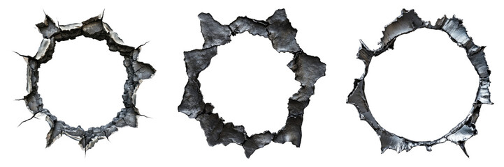 Ragged hole torn in ripped steel metal isolated on transparent background. PNG , se of