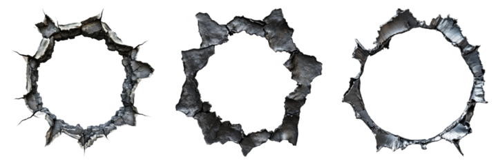 Ragged hole torn in ripped steel metal isolated on transparent background. PNG , se of