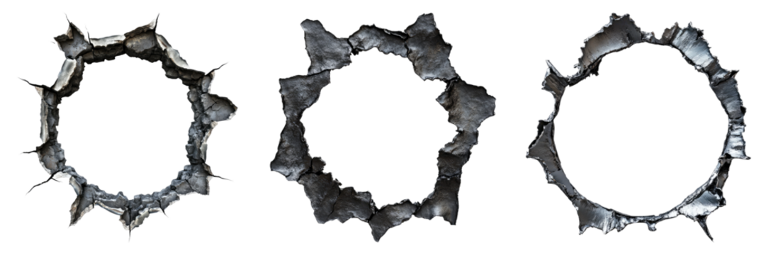 Ragged hole torn in ripped steel metal isolated on transparent background. PNG , se of